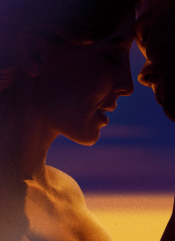 2 figures facing each other about to kiss