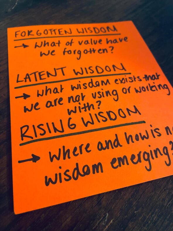 A poster with questions and headings relating to wisdom written on it